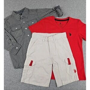 US Polo Assn Boys Size 4T 3pc Outfit Set Plaid Shirt Cargo Shorts Black Red NWT